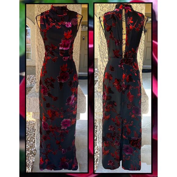 Lulus Black Burnout Velvet Mock Neck Composed Glamour Maxi Dress Size S - Picture 4 of 9